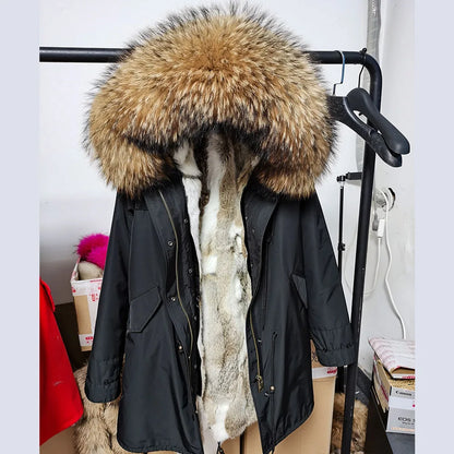 2026 Maomaokong Women's Winter Coats Rabbit Lining Jacket Natural Real Raccoon Fur Collar Parka Fox Fur Long Female Clothing