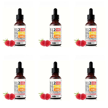 Vitamin B12 Liquid Drops 60ml Raspberry Flavor with Vitamin B6+B1 Etc Multivitamin Support Energy Recovery & Brain,Heart Health