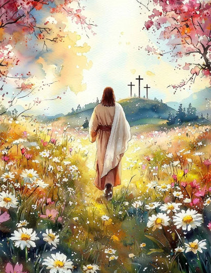Graffiti Christian Jesus With Child Art Posters Christian Faith Jesus Walking In Flower Field Canvas Painting Bedroom Home Decor