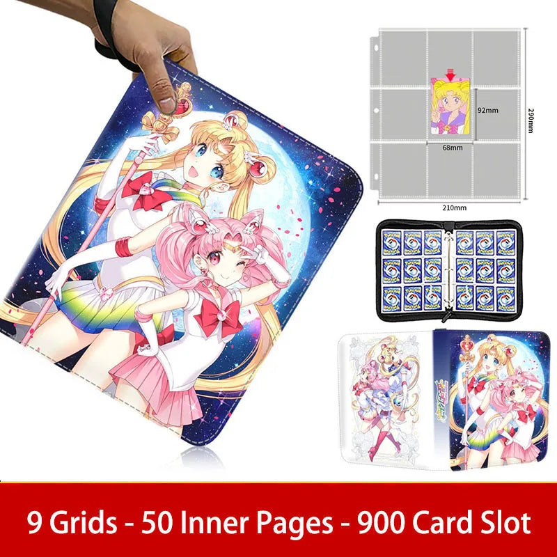 400pcs/900pcs Sailor Moon Card Album Book Folder 4/9 Card Slots Collections Zipper Double Pocket Zipper Card Binder Holder