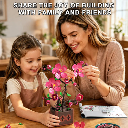 Pink Peach Blossom Potted Plant Building Block Flower Model Puzzle Toys Sets New Year Christmas Birthday Gifts