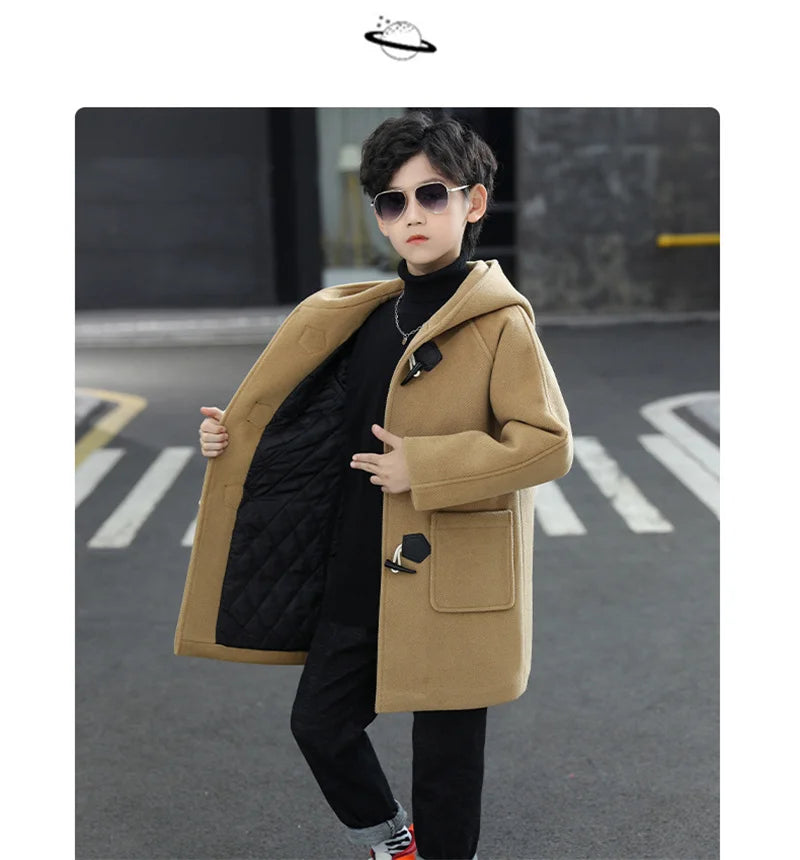 2023 New Boy Wool Coat Winter Fashion Hooded Jacket Solid Single-Breasted Plus Cotton Warm Outerwear Children High Quality Parka