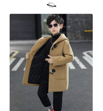 2023 New Boy Wool Coat Winter Fashion Hooded Jacket Solid Single-Breasted Plus Cotton Warm Outerwear Children High Quality Parka