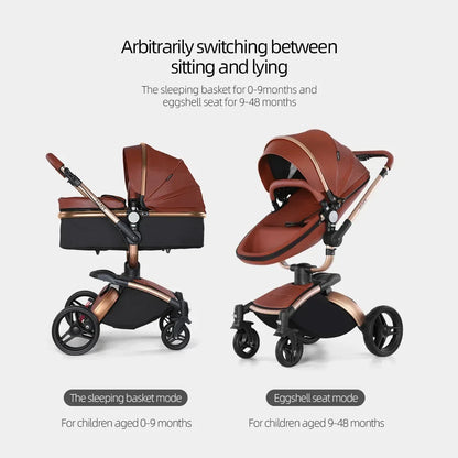 Baby Stroller 3in1 Two-way High Landscape Baby Carriage PU Leather Foldable Shock-absorbing Eggshell Stroller 2in1