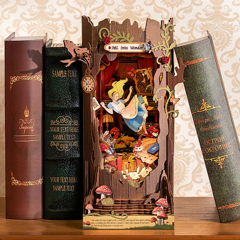 Robotime Book Nook Kits Fall into Wonder DIY Booknook with Lights Miniature House Kit Puzzle Bookend Bookshelf Decor Gift