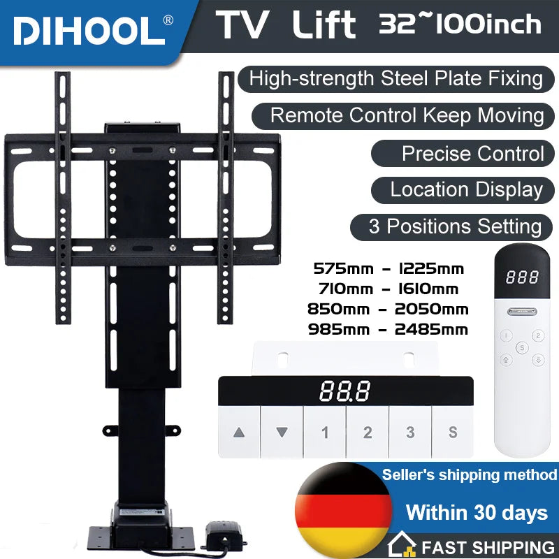 Motorized TV Lift for 32“ ~100" TVs,Height Adjustable TV Stand and Wall Mount Remote Control and Memory Setting Lift TV Bracket