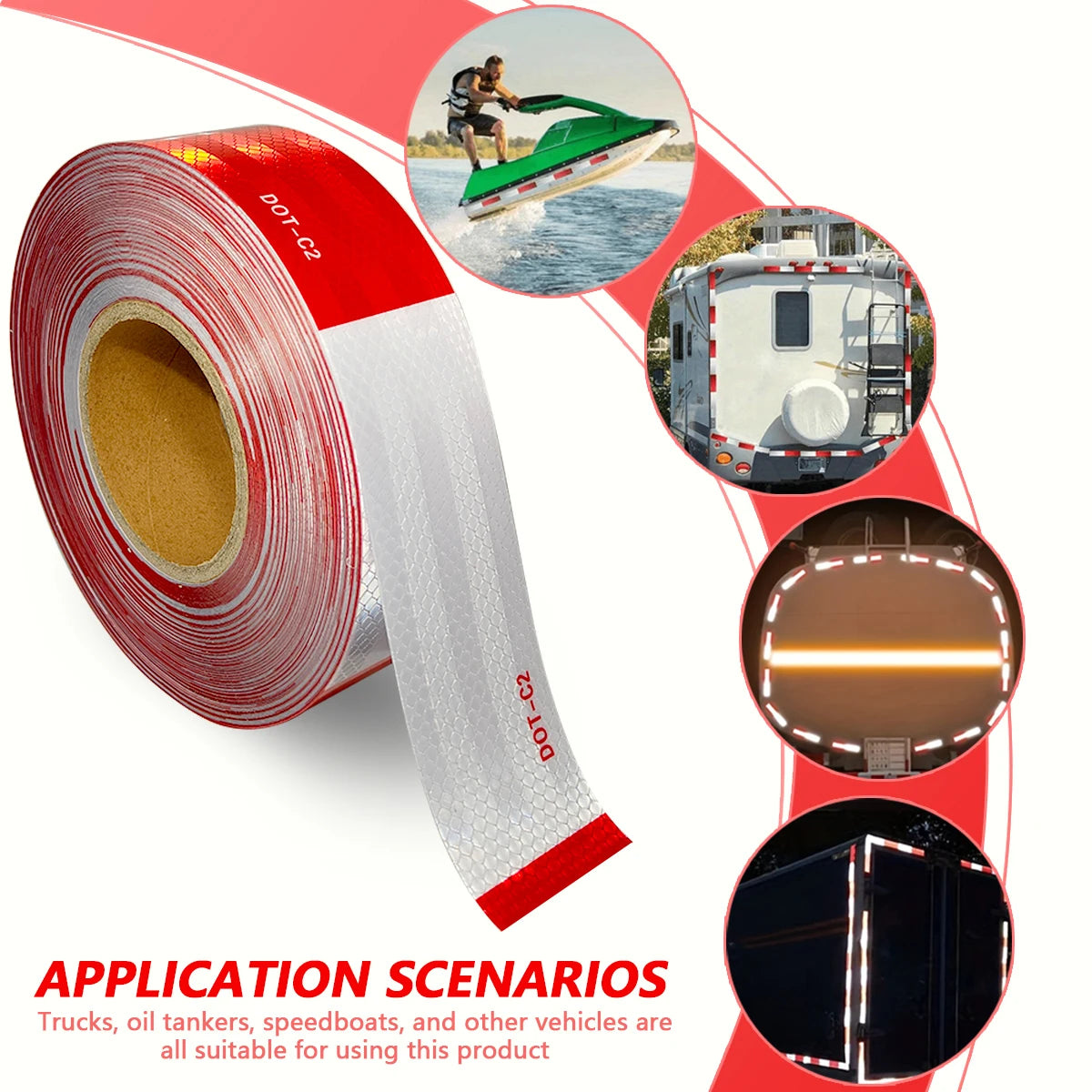 Reflective Safety Tape DOT-C2 PET Material Red & White Waterproof Sunscreen Strong Reflection Warning Tape for Safety