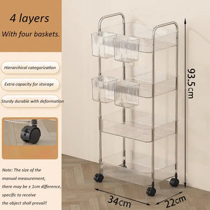 2/3/4Layers Light Luxury Storage Rack Trolley Transparent Acrylic Rolling Cart With Removable Hanging Baskets Snacks Bookshelf
