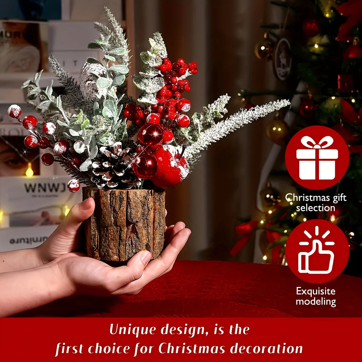 Charming Mini Christmas Tree with Red Berries & Pine Cones-Perfect for Tabletop,Fireplace Mantel Decor |Classic Holiday Ornament