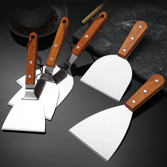 Stainless Steel Wooden Handle Cooking Spatula Steak Pancake Frying Shovel Teppanyaki Scraper Barbecue Tool Kitchen Accessories