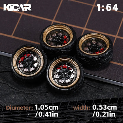 Kicarmod 1/64 10.5mm Alloy Model Wheels with Magnetic Hub Caps-with Rubber Tires for Tomica Custom Diecast Cars