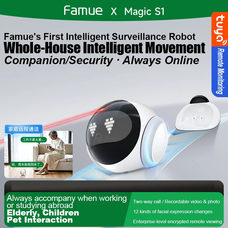 2025Famue Automatic Charging Robot Camera HD 5G WIFI IP Camera Pet Mobile Tracking Night Vision CCTV Remote View TUYA APP Camera
