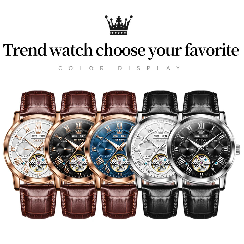 OLEVS 6668 Top Brand Men's Watches Trend Fashion Automatic Mechanical Wristwatch Leather Strap Waterproof Luminous Watch for Man