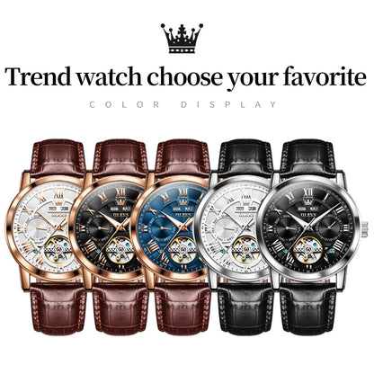 OLEVS 6668 Top Brand Men's Watches Trend Fashion Automatic Mechanical Wristwatch Leather Strap Waterproof Luminous Watch for Man