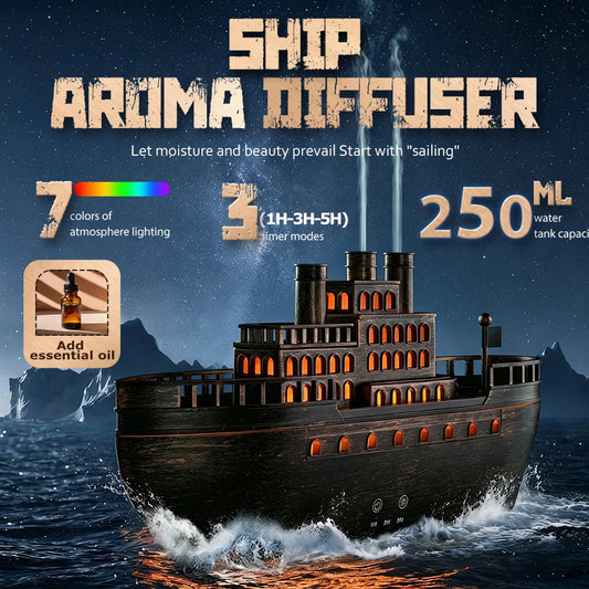 2026 New Ship Aroma Humidifier, Vintage Boat Design, Colorful Flame Essential Oil Diffuser, Quiet, Fine Mist, 3 Timers