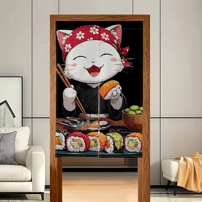 VIKAMA Cartoon Japanese-Style Food Cat Door Curtain, Hand-Painted Salmon Print Half-Door Curtain, Kitchen Divider and Home Decor