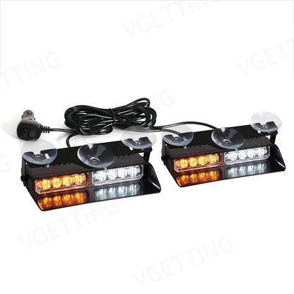 2-in-1 LED Car Front Strobe Lights For Flash Warning Lamp Windshield Bar 16 Beads Amber White Auto Light Assembly