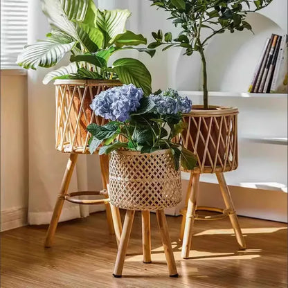 Flower Stand Nordic Solid Wood Rattan Living Room Sofa Side Table Floor-standing Bamboo Shelf Corner Balcony Flower Pot Shelf