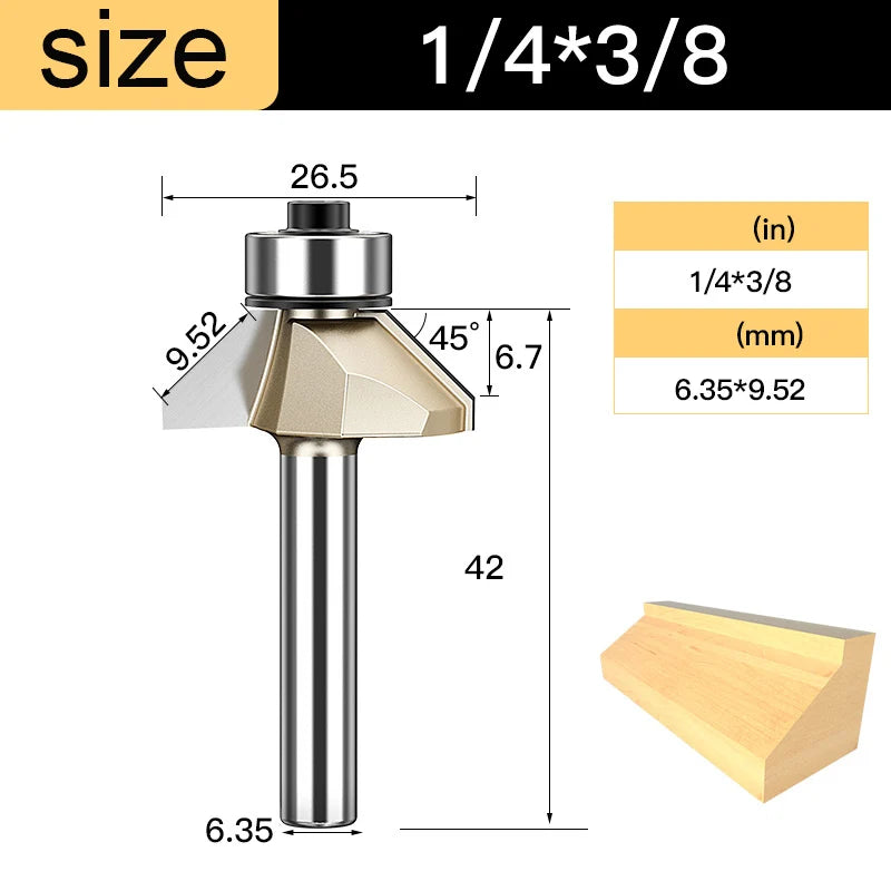 Tideway 45 Deg Bevel Edge Forming Chamfer Router Bits with Bearing Chamfering CNC Wood Cutting Tools Woodworking Milling Cutter