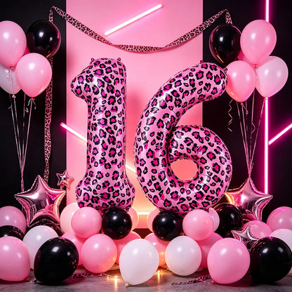 32 Inch Pink Leopard Print Number Foil Balloon 0‑9 Digit Balloon Wild Animal Helium Balloon for Birthday Anniversary Party Decor