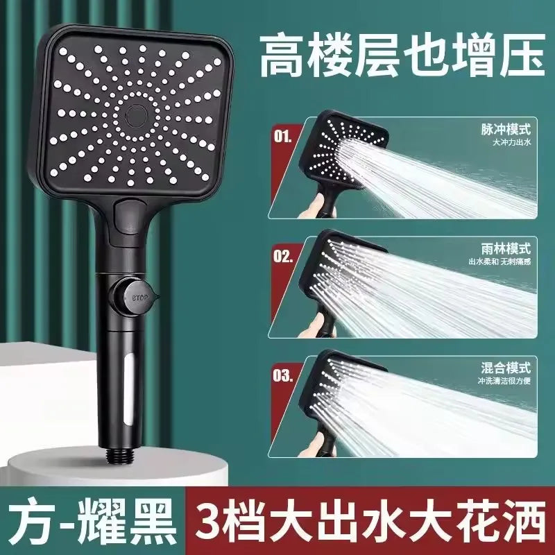 16CM Big Panel High Pressure 4 Modes Shower Head with Filter Water Saving One Key Stop Sink Faucet Hose Bathroom Accessories