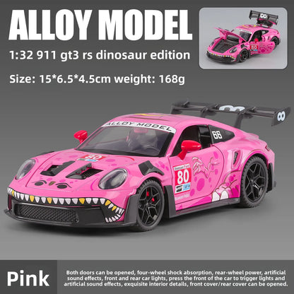 1:32 Porsche 911 GT3 R Rexy T-Rex Livery AO Racing Car Pull Back Toy with Light & Sound Drop Resistant Decor Gift for Collectors