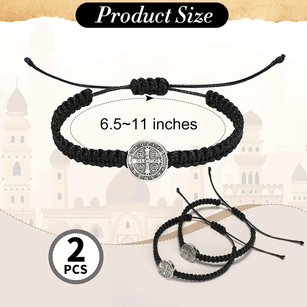 2 Pcs Catholic Saint Benedict Medal Bracelets Adjustable Black and Red String Bracelets Religious Jewelry Gifts for Men Women