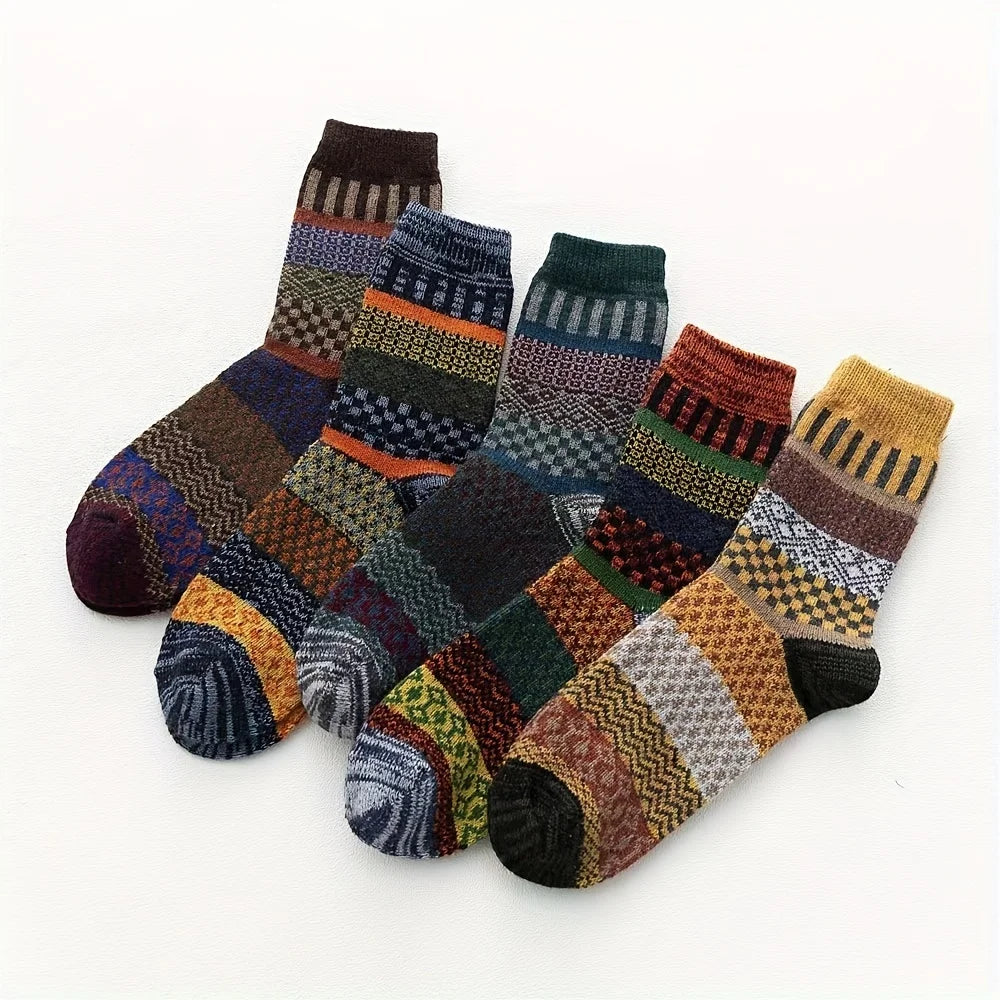 5pairs Unisex Ethnic Style Vintage Thick Wool Warm Crew Men Socks Soft Ultra-Comfortable High Quality Breathable Women's Sock