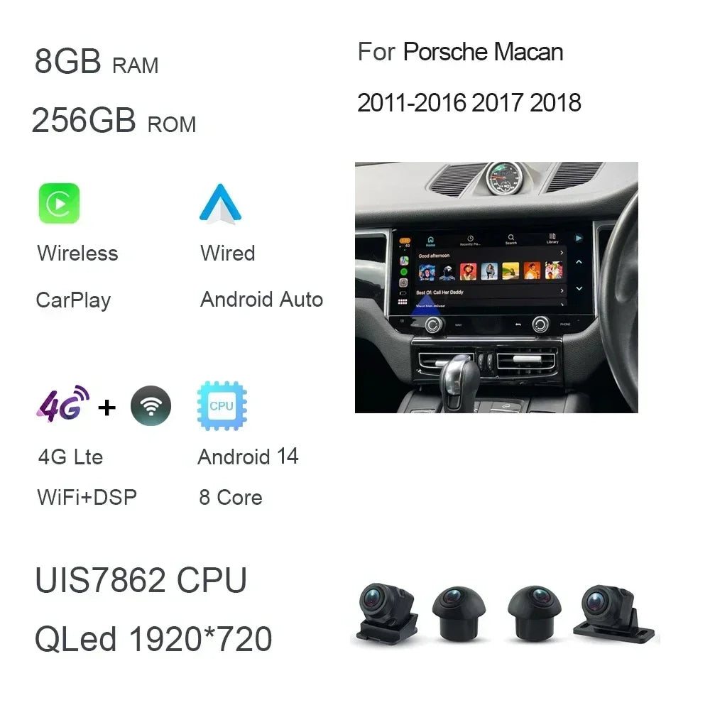 12.3" QLED 1920*720 Carplay Auto Android 13.0 8G+256G Car DVD Player GPS Map WIFI Bluetooth Radio For Porsche Macan 2010-2016