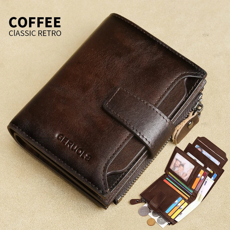 GERUOLA Men's Genuine Leather Wallet, Vintage RFID Blocking Anti-Theft Folding Wallet, ID Window, Coin Pocket, and Zipper Closur