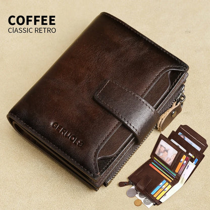 GERUOLA Men's Genuine Leather Wallet, Vintage RFID Blocking Anti-Theft Folding Wallet, ID Window, Coin Pocket, and Zipper Closur