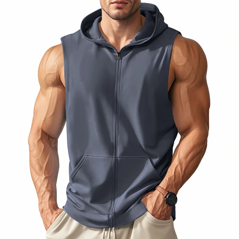 Summer New Hooded Vest Men's Sports Fitness Training Zipper Cardigan Sleeveless Vest Sleeveless Downjacket Blouson Homme Hiver