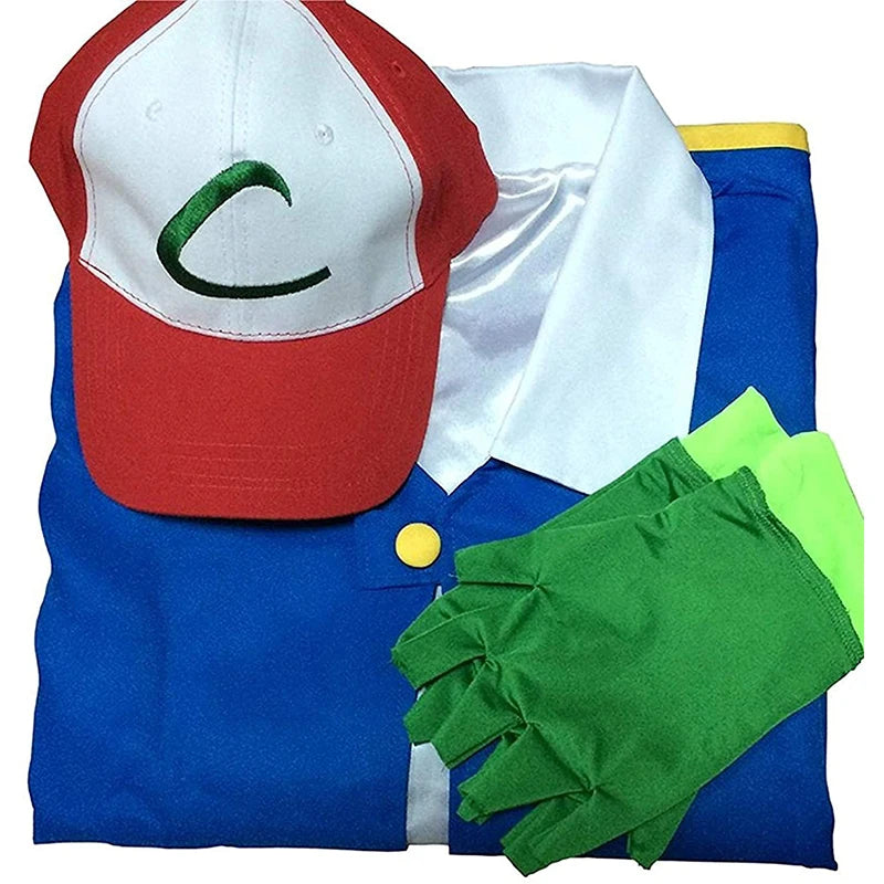 Pokemon Anime Ash Ketchum Costumes Adult Kids Halloween Trainer Cosplay Party Blue Jacket Cap and Gloves Sets  Role Play Clothes