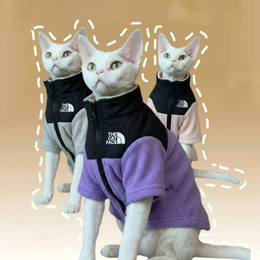 The Cat Face Color Block Fleece Jacket Hot Selling Devon Rex Cat Warm Clothes Autumn Winter Indoor Outdoor Sphynx Hairless Cat Z