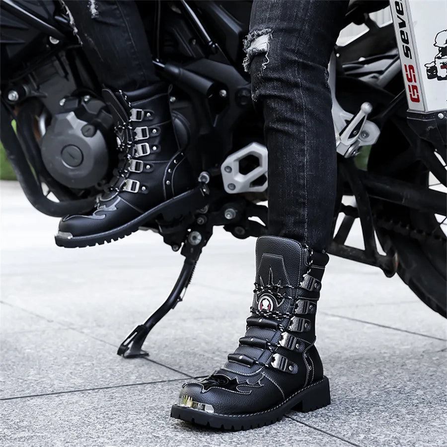 High Quality Men's Boots Fashion Punk Rock Style Motorcycle Boots Luxury Mid-Calf Leather Boot Mens Knight Boots Botas Masculino