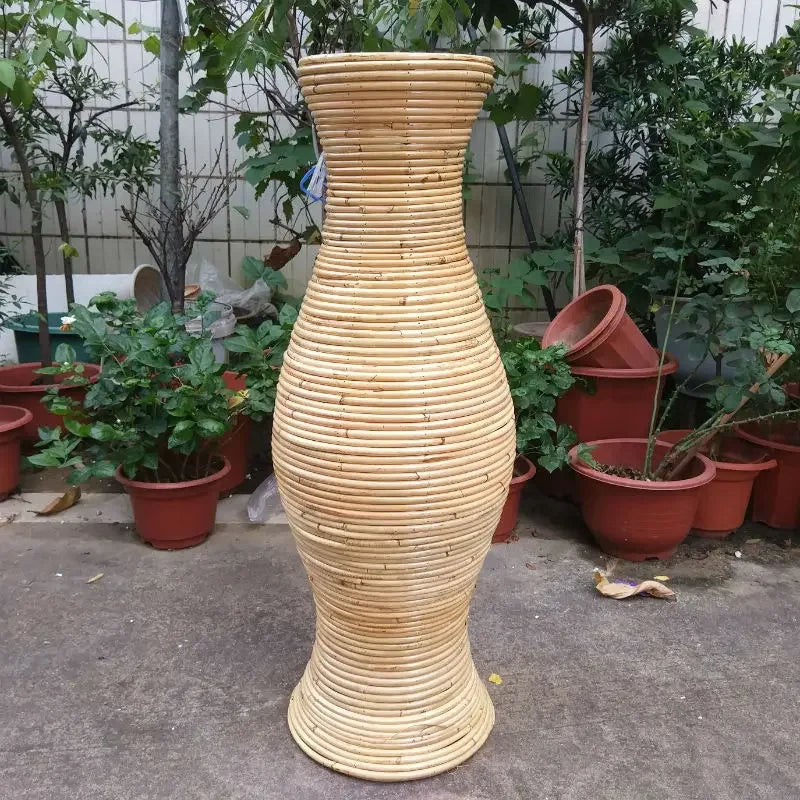 Large Natural Woven Rattan Floor Vase Bohemian Style Eco-Friendly Living Room Centerpiece Standing Planter for Home Decor
