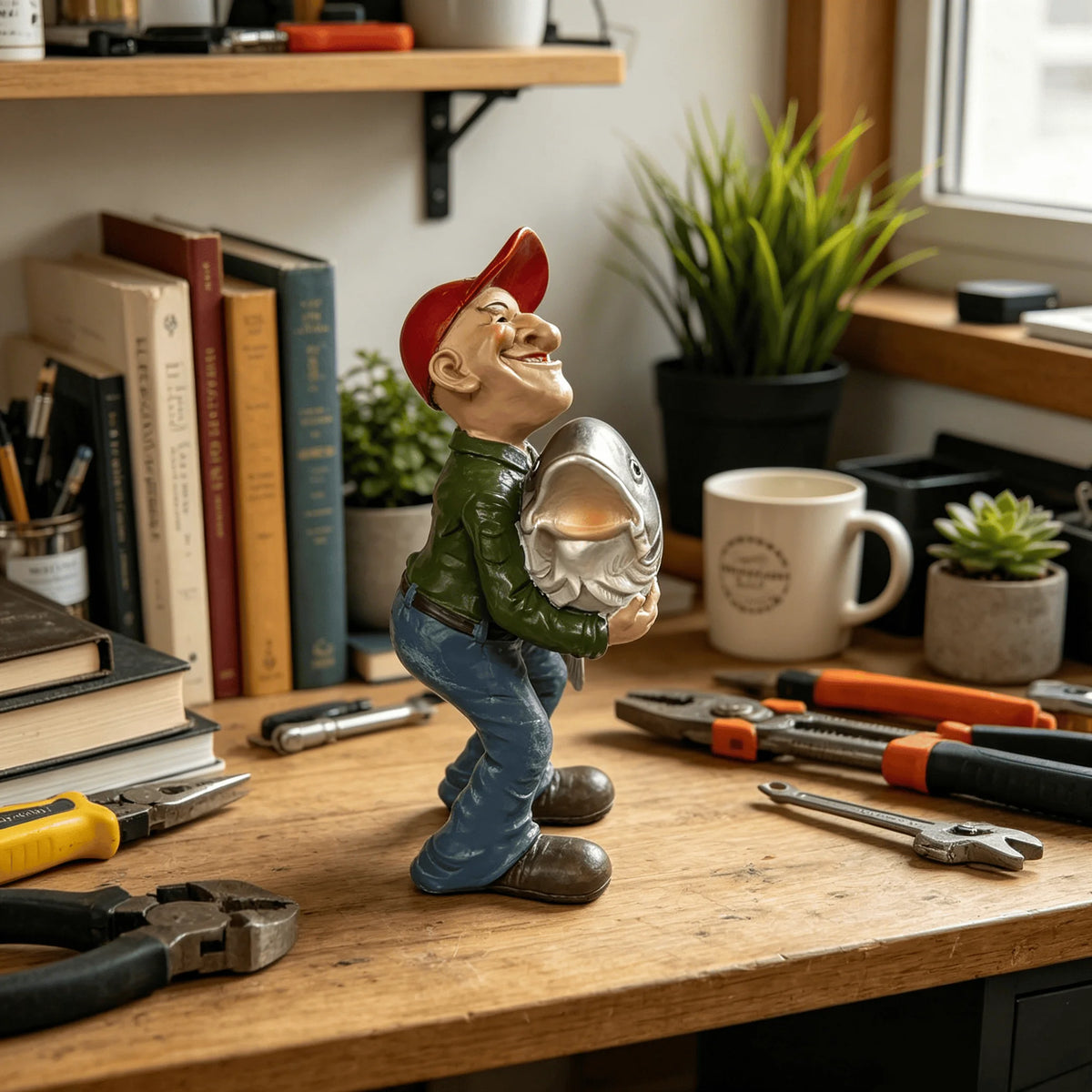 Funny Fisherman Holding Big Fish Sculpture Decorative Resin Statue Ideal Home Office Desktop Decoration Perfect Gift for Men Fat