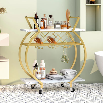 Gold and White Bar Cart Mini Rolling Kitchen Storage Cart with Wine Rack and Glass Holders Wine Cart
