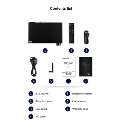 TOPPING E70 VELVET AK4499EX Decoder XU316 DSD512 PCM768kHz Bluetooth 5.1 LDAC 24Bit/96kHz with Remote Control E70V DAC