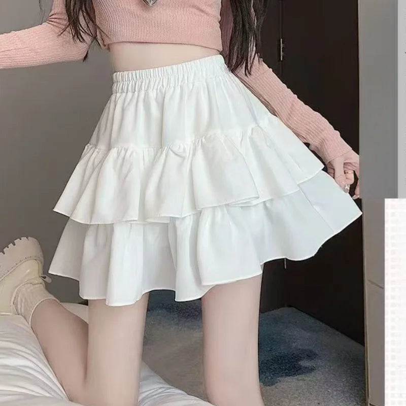 Sweet Cool Kawaii Y2K Puff Mini Skirt Women's Plaid High-Waist Lace Patchwork Bow Casual Dating Skirt  Lolita School Performance