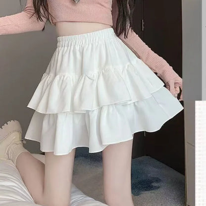Sweet Cool Kawaii Y2K Puff Mini Skirt Women's Plaid High-Waist Lace Patchwork Bow Casual Dating Skirt  Lolita School Performance
