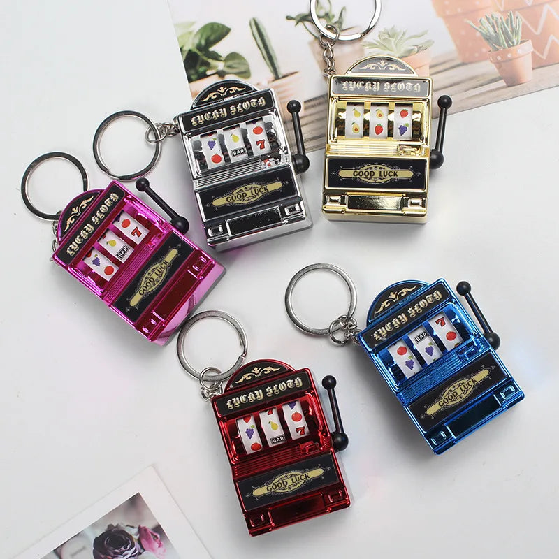 Mini Gambling Slot Machine Key Chains Creative Arcade Pocket Fruit Lucky Jackpot Gadget Antistress Toy Funny Games Keychain Ring