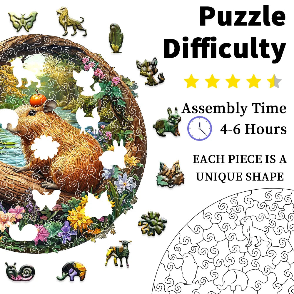 Wooden Jigsaw Puzzle - Capybara with Pumpkin Forest Animal Puzzle, Unique Irregular Shaped Pieces, 4-6 Hours Assembly, Eco-Frien