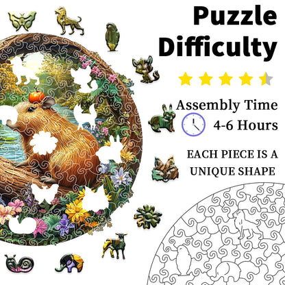 Wooden Jigsaw Puzzle - Capybara with Pumpkin Forest Animal Puzzle, Unique Irregular Shaped Pieces, 4-6 Hours Assembly, Eco-Frien