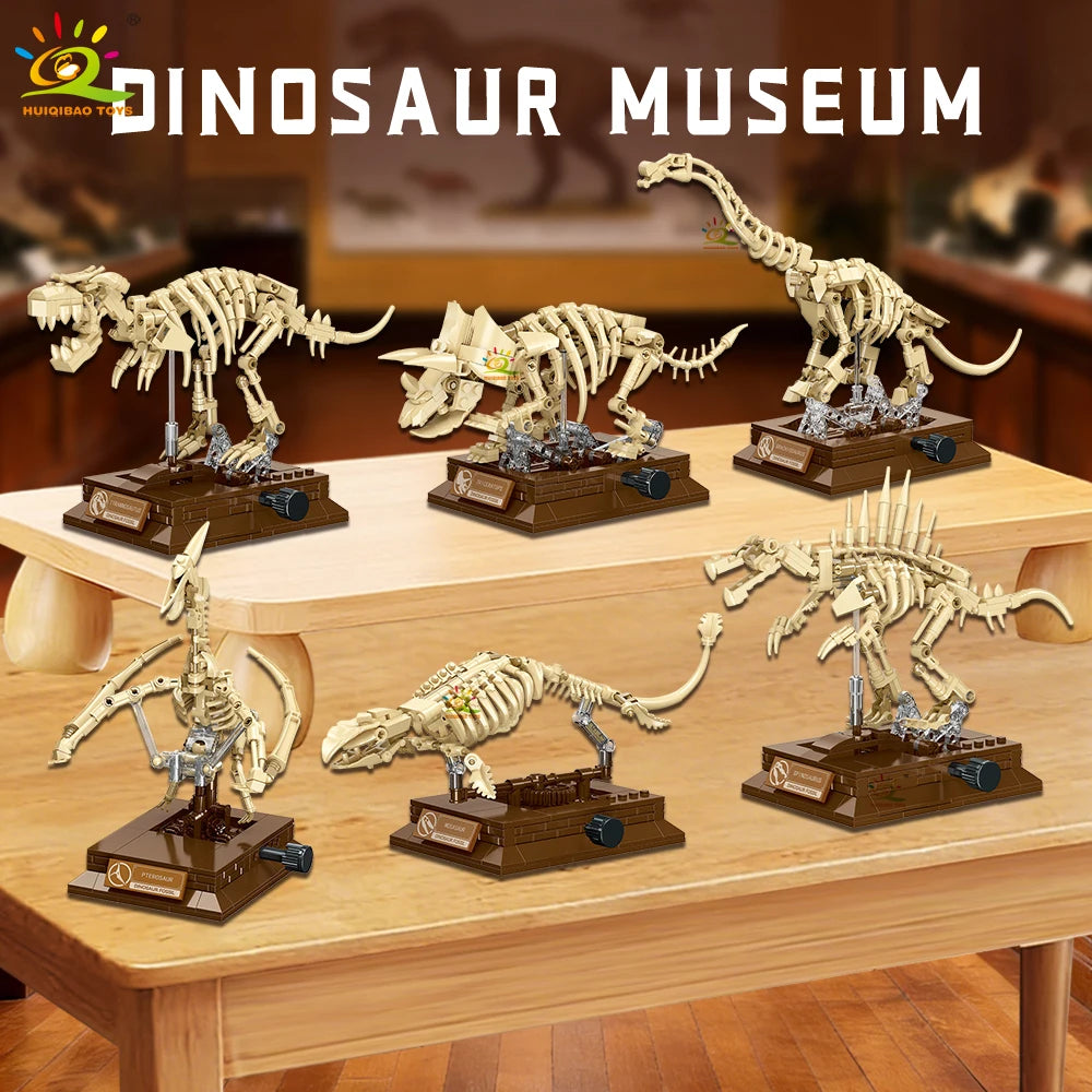HUIQIBAO Dinosaur Skeleton Fossil Model Building Blocks Triceratops Velociraptor Dino Jurassic Series Bricks for Children Toy