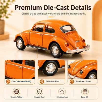 MQUDUO 1:36 Orange Classic Beetle Style Diecast Car Model, Pull Back Vehicle with Openable Doors and Detailed Interior for Decor