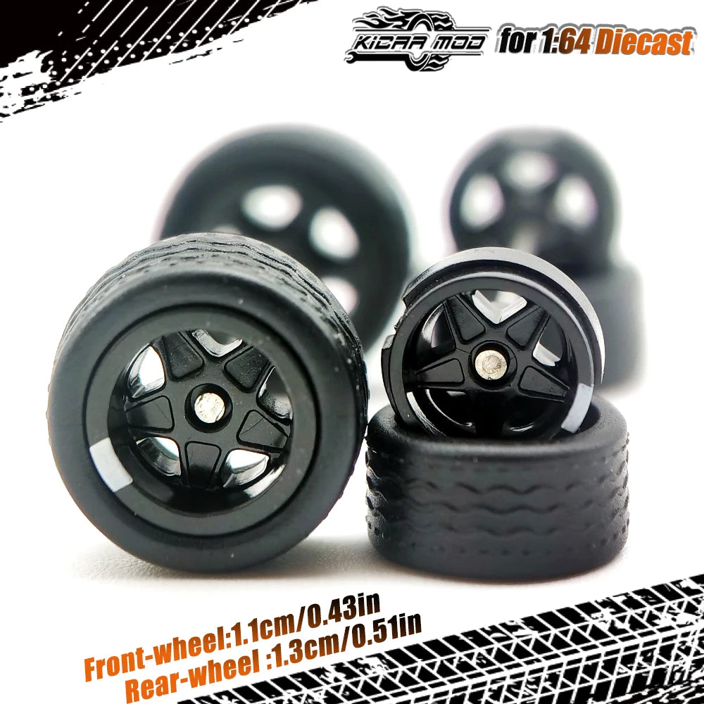 1/64 Model Car Wheels with Rubber Detachable Tires Pentagram Spoke Refitting Parts for Matchbox D:11mm+13mm 1 Set