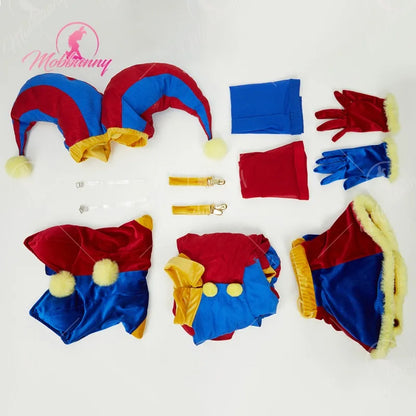 MOBBUNNY Halloween Clown Cosplay Costume Women's Lingerie Set Blue Red Bodysuit and Mini Skirt with Gloves and Hat