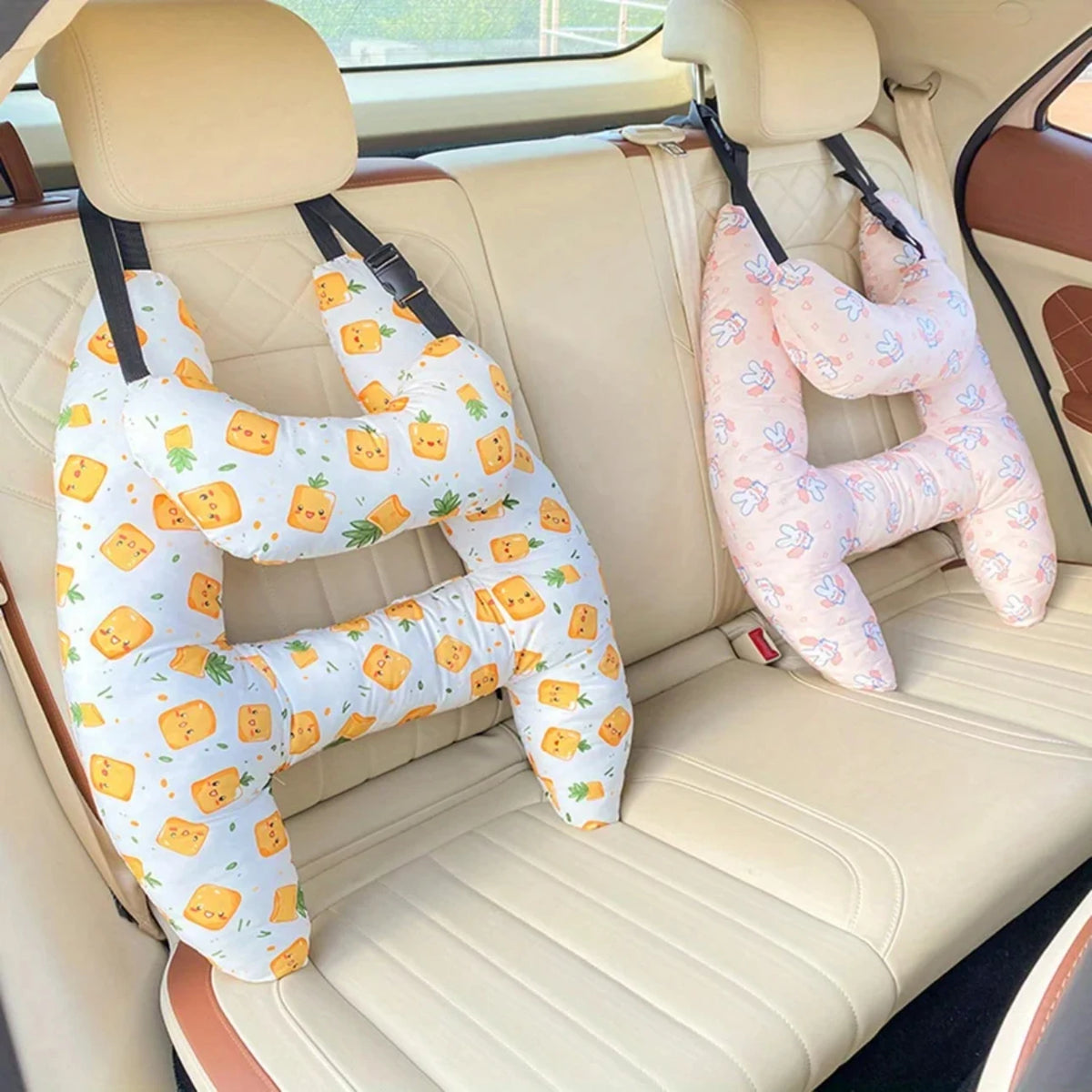 2-Pack Adorable Ultra-Soft Car Seat Pillows with Secure Belt - Ensures Peaceful Restful Naps on the Go - Enhanced Safety