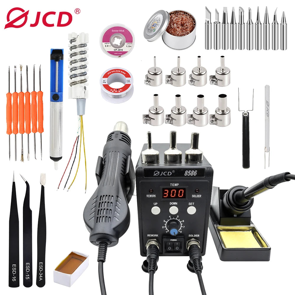 JCD 2 in 1 Digital Soldering Station Hot Air Gun Solder Iron SMD BGA Rework Desoldering Welding Repair Tools 760W 220V 110V 8586